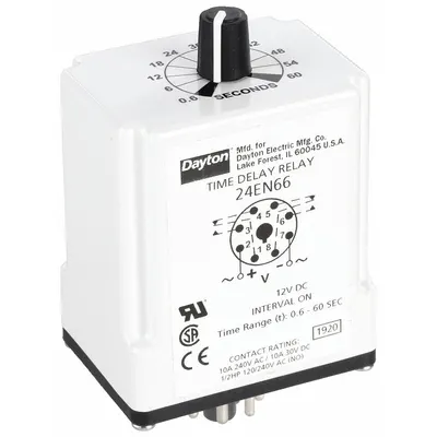 Dayton Single Function Time Delay Relay: Socket Mounted, 12V DC, 10 A, 8 Pins/Terminals - Socket-Mounted Relays