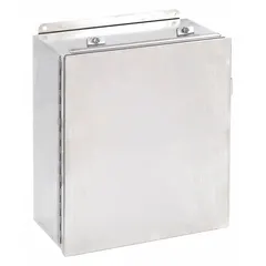 This 304 stainless steel enclosure measures 16 x 14 x 6 inches and features a solid hinged cover with clamp closure. Rated NEMA 12/13/4/4X, it provides protection against dust, water, and corrosion. Suitable for housing electrical controls, terminals, and instruments in indoor or outdoor environments where washdowns or corrosive atmospheres are present.