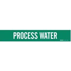 Green adhesive pipe marker with white legend reading 'Process Water'. Fits pipe outer diameters from 2-1/2 to 7-7/8 inches. Supplied as a single marker without directional arrows. Used for identifying process water lines in industrial piping systems.