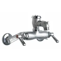 This wall-mounted widespread utility faucet is constructed of cast brass with a polished chrome finish. It includes a pail hook for convenience. Suitable for service sinks in commercial and industrial settings.