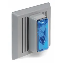Wall-mount horn alarm with integrated strobe light for audible and visual alerting. Operates at 120V AC with wire lead connections. Dimensions: 5 1/2 in width, 5 1/2 in length, 5/8 in height. Suitable for use in industrial facilities, warehouses, and commercial buildings.