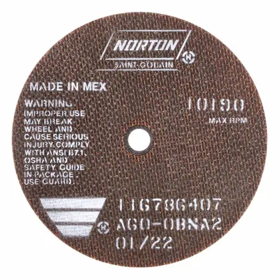 NORTON Type 1 Reinforced Toolroom Cut-Off Wheel, 6" x 0.06" x 1/2", A60-OBNA2 - Reinforced Toolroom Cut-Off Wheels