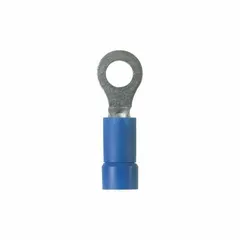 Vinyl-insulated ring terminal for #8 stud size, accepting 16 AWG to 14 AWG wire with a 600 V rating. Funnel entry aids wire insertion. Used for secure connections in control panels, power distribution, and terminal blocks.
