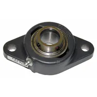 Two-bolt flange-mount ball bearing with 7/8 in cylindrical bore, cast iron housing, and set screw locking. Features 4 55/64 in length, NLGI #2 equivalent lubricant, and 7/16 in mounting bolt size. Constructed of 52100 steel for radial load support in conveyors, fans, and material handling systems