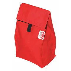 This red nylon bag provides a 750 cubic inch interior volume for carrying air masks and canisters. Dimensions are 6 inches long, 9 inches wide, and 14 inches high. Suitable for storage and transport of protective equipment in industrial safety environments.