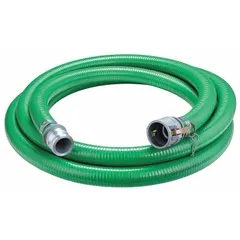 This PVC hose assembly with rigid PVC helix reinforcement is used for water suction and discharge in industrial, agricultural, and construction settings. It has a 1-1/2 in inside diameter, 10 ft length, 89 psi rating, and operates from 0° to 158°F. The green hose is suitable for transferring water and light slurries.