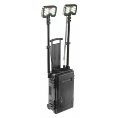 This wheeled-cart remote area light from PELICAN delivers 12,000 lumens maximum brightness with a single brightness level. It operates on 12V DC and is rated IP54 for dust and water resistance. The black frame houses the LED light, suitable for temporary job site illumination, construction, emergency response, and outdoor work zones.