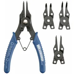 Convertible plier set for installing and removing internal and external retaining rings. Suitable for bore diameters from 3/8 in to 2 in. Tip diameters are 0.06 in and 0.045 in. Used in maintenance and assembly of machinery and equipment.
