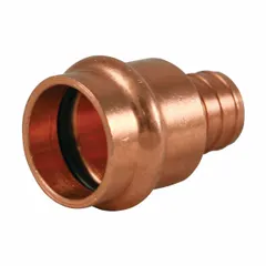 Straight adapter fitting for transitioning from press-fit copper tubing to barbed hose connections. Features a 3/4 in CTS press-fit end and a 3/4 in pipe size barbed end. Made of copper for use in plumbing systems requiring a secure, solder-free joint.