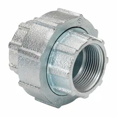This three-piece threaded coupling is designed for joining rigid metal conduit (RMC) in electrical installations. Made of iron with a 1-1/4 in trade size and 2-3/4 in overall length, it provides a self-aligning connection for conduit runs. Suitable for use in industrial and commercial settings where secure, alignment-correcting conduit joints are required.