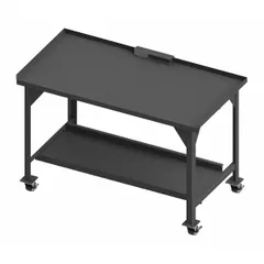 This mobile steel workbench features a fixed-height top measuring 60 by 30 inches and a lower shelf for additional storage. With an overall load capacity of 4,000 lb, it is suited for heavy-duty assembly, maintenance, and repair tasks in industrial environments.