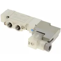 Single solenoid, five-way/two-position, 5-port pneumatic directional control valve with 24V DC coil. Features spring return, terminal block connection, internal pilot, and non-locking manual override. Used to control pneumatic actuators in industrial automation systems such as manufacturing, packaging, and material handling