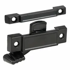 This window sash lock is designed for use on the check rail of double-hung windows. It is non-handed, allowing installation on either side, and includes a handle for operation. The lock has a painted black finish and an overall length of 2-1/4 inches. Suitable for securing the sash in residential window applications.