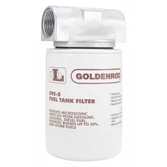 The GOLDENROD 595 is a replacement particulate fuel filter with a 10 micron rating. Its steel/zinc body is designed for use in fuel filtration systems to remove solid contaminants from diesel and heating oil, protecting downstream equipment such as pumps and injectors.