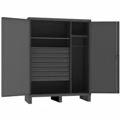 This industrial combination cabinet provides organized storage for tools, parts, and hanging garments in workshops and warehouses. It features 5 shelves (4 adjustable, 1 fixed) and 7 drawers (each 4 in x 35-1/4 in x 20-1/4 in). The cabinet includes a swing handle and padlock hasp for security, legs, and a gray finish. It is supplied assembled.