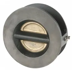 This SSI double-door wafer check valve features a 4-inch pipe size and a wafer-style inline valve body. The CF8M stainless steel seat material provides corrosion resistance. It is used to prevent backflow in piping systems for industrial water, wastewater, and process applications.