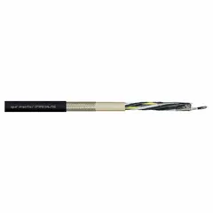 Hybrid cable with conductor grouping of (5) pairs of (2) 10 AWG and (2) 14 AWG/(2) six pair 17 AWG, including a ground conductor. Minimum bend radius factor is 5 x OD for fixed installation and 8 x OD for flexible installation. Sold by the foot. Used in industrial automation and robotics for combined power and signal transmission in continuous-flex cable carriers.