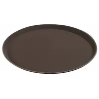 This black plastic serving tray features a non-skid surface to help reduce spills during transport. It measures 16 7/16 inches square with a 1-inch height, suitable for carrying food and beverages in commercial kitchens, catering, and hospitality settings. Not NSF certified