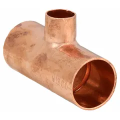 Wrot copper tee with cup x cup x cup connections for sweat/solder installation. Reduces from 1 1/2 in CTS main line to a 1/2 in CTS branch. Used in plumbing and hydronic heating systems to join three copper tube branches.
