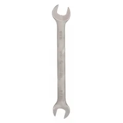 Double-end open end wrench made of alloy steel with a satin finish. Head sizes are 1/2 in and 9/16 in, with a 7 in overall length. Standard type for tightening or loosening nuts and bolts in maintenance and repair tasks.
