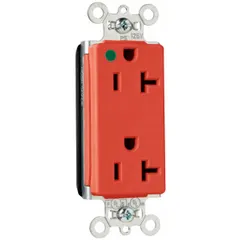This PASS hospital grade decorator duplex receptacle is rated 125V AC and 20 A with a 5-20R configuration. The red device is suited for general purpose power delivery in commercial and institutional settings requiring a durable, tamper-resistant outlet.