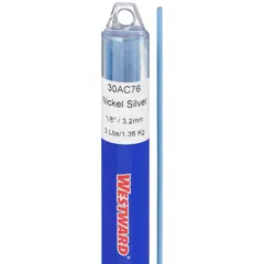 Nickel-silver brazing alloy rods, type RBCuZn-D, flux-coated, 1/8 in diameter by 36 in length. Tensile strength 70 ksi. Pack of 22 rods. Used for brazing steel, stainless steel, copper, and nickel alloys in applications such as HVAC, plumbing, and general fabrication.