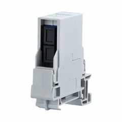 Rail-mountable adapter insert for fiber optic connections in structured cabling systems. Features an SC-D connection type, 90° mounting angle, and a light gray zinc die-cast housing. Equipped with a fiber optic connector for use in voice and data housings, panels, and connector components.