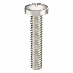 Pan head machine screw with 1/4"-20 thread, 1-1/4" length, made from 316 stainless steel with plain finish. Features a #3 Phillips drive. Suitable for fastening components in environments requiring corrosion resistance, such as marine, chemical, and food processing equipment. Supplied in a 25-piece pack.