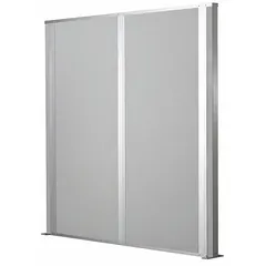 This 8 ft x 8 ft vinyl-covered partition wall features an aluminum frame and includes a floor track. The gray unfinished panels are suitable for dividing open spaces in offices, schools, and commercial facilities as a modular interior wall system.