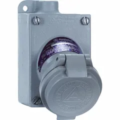 Gray hazardous location pin and sleeve receptacle rated for 18V DC, single phase, 20 A, 3-pole. Accepts 125 to 250V AC input. Suitable for use in industrial environments requiring electrical equipment for hazardous locations.