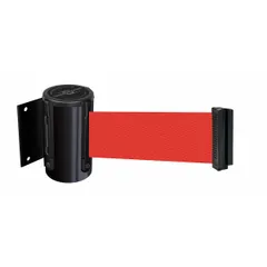 Wall-mount retractable belt barrier with fixed mounting plate. Features a 7 1/2 ft red belt and black frame. Used for crowd control, queue management, and securing restricted areas in pedestrian traffic guidance and hazard zone cordoning.