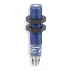 Cylindrical ultrasonic sensor with M12 threaded housing and built-in 4-pin M8 connector. Normally open (NO) output. Supply voltage 10-28V DC. Designed for non-contact detection in industrial automation, suitable for object presence, level monitoring, and distance measurement regardless of material color or transparency.