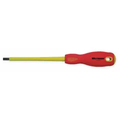 This insulated slotted screwdriver features a 7/32 in tip size and a 5 in shank length, with a 9 in overall length. The cushion grip handle provides comfort and control. Designed for electrical work where insulation is required, it is suitable for use on live circuits by electricians and maintenance personnel.