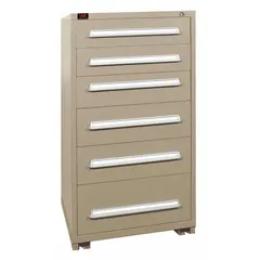 This steel modular drawer cabinet in putty finish features six drawers with 3-inch inside height, providing 64 compartments for organized storage. The base includes fork pockets for mobility. Suitable for industrial storage of small parts, tools, and components in workshops, warehouses, and manufacturing facilities.
