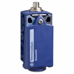 This top-mount plunger limit switch from the XCKP series features a non-metallic body and a plunger actuator with a maximum operating force of 15 N. It uses screw clamp terminals for electrical connection. Typical applications include position detection of moving parts in industrial automation, packaging, material handling, and machine tool systems.