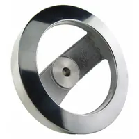 This spoked hand wheel is made of silver polished aluminum with an 8 in diameter and 5/8 in bore. It is used for manual valve actuation, machine tool adjustment, and industrial control applications, providing precise hand-operated positioning in manufacturing and processing systems