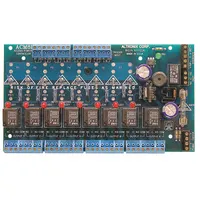 Power controller on a phenolic/fiberglass board accepting 12/24V AC/DC input. Used for power distribution in access control systems, security panels, and low-voltage automation