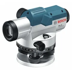 Self-leveling optical level with 32X magnification and 35 9/16 mm aperture. Maximum working range of 400 ft with accuracy of ±1/16 in @ 100 ft. IP54 rated for dust and splash protection. Includes carrying case. Used for construction surveying, grading, and alignment tasks.