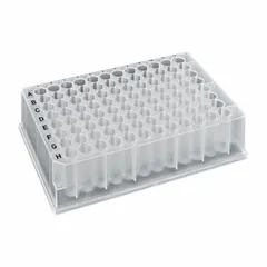 96-well polypropylene deep well plate with round wells, 8.5 mm diameter, 1.2 mL capacity. RNase/DNase free and colorless. Suitable for high-throughput sample storage, processing, and assay preparation in molecular biology and diagnostic laboratories.