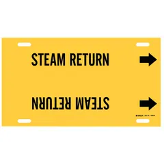 Yellow pipe marker with black legend text reading 'Steam Return' and directional arrows. Fits pipe outer diameters of 10 to 15 inches. Used to identify steam return lines in industrial piping systems for facility safety and compliance.