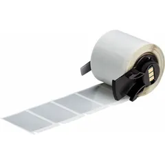 Precut label roll for industrial identification. Polyester material with halogen-free and metal-detectable properties. Dimensions: 1 1/2 in x 1 in. Compatible with BMP61 printer series. Suitable for labeling in environments requiring material detection or halogen-free compliance, such as food processing or electronics manufacturing.