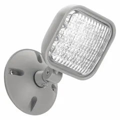 Plastic remote head for wet locations, wall or ceiling mount, with one adjustable 1 W LED lamp operating at 3.6 V. Gray housing. Compatible with EU2L REM system. Used for emergency or accent lighting in outdoor or damp environments.