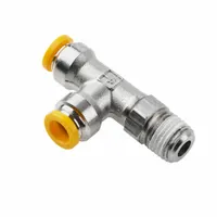 Nickel-plated brass tee fitting for branching or combining fluid lines. Connects 8 mm OD tube, 6 mm OD tube, and 1/4 in pipe. Overall length 20 29/32 mm, thread size A 1/4 in. Push-fit design for tool-free installation