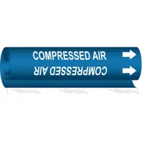 Wrap-around pipe marker for identifying compressed air lines. Blue background with white legend and directional arrows. Fits pipe outer diameters from 2-1/2 to 7-7/8 inches. Single marker supplied