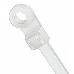 Natural nylon screw mount cable tie with #4 mounting hole for permanent attachment to flat surfaces. Secures wire bundles up to 3/4 in diameter. Supplied in a 1,000-piece pack. Used in control panels, electrical enclosures, and industrial equipment for routing and securing cables.
