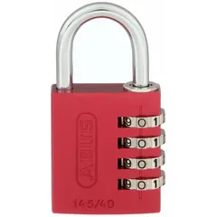 This TSA approved combination padlock features a red aluminum body and a silver dial. The standard steel shackle provides secure locking for luggage and travel bags, allowing TSA agents to open it with a master key when necessary.