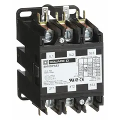 Three-phase definite purpose contactor with 60 A rating and 3NO main pole contact form. Coil voltage 220/208-240V AC, maximum voltage 600V AC. Quick-disconnect terminals. Suitable for HVACR applications such as compressor and fan motor control in commercial equipment.
