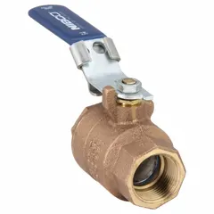 This NIBCO bronze ball valve features a straight body with 1-inch female NPT connections on both ends. It is equipped with a locking lever handle for secure shut-off and is rated for a maximum pressure of 600 psi CWP. Suitable for use in plumbing and HVAC systems for water, oil, and gas applications.