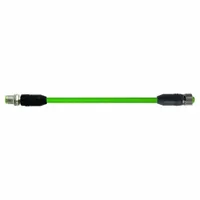 M12 connector cordset with D-coded male straight connectors on both ends. 5-meter green PUR cable, rated IP65. Meets Cat5e performance for industrial Ethernet connections in automation and machine networking