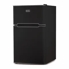 This 3.1 cu ft total capacity mini refrigerator from BLACK & DECKER features manual defrost and two shelves. Finished in black, it is Energy Star Certified for energy efficiency. Suitable for compact storage of beverages and perishables in settings such as offices, dorm rooms, or workshops.